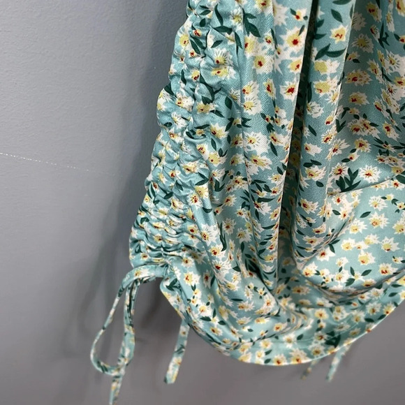 SHEIN Ditsy Floral Ruched Dress Light Teal Cutout Drawstrings Tied Spaghetti S - Picture 8 of 15